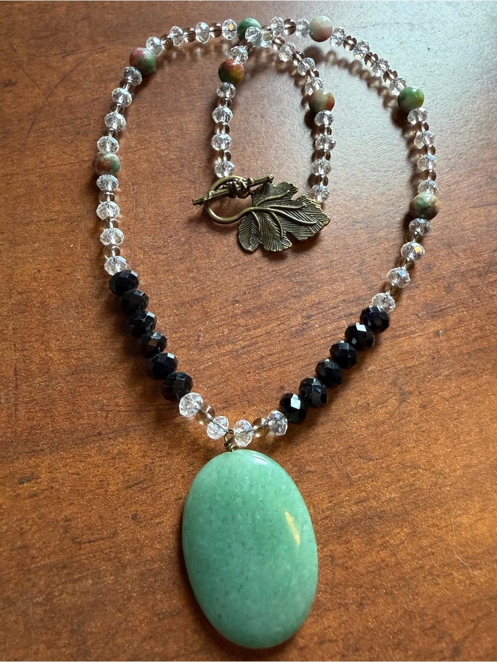 Handcrafted Green Stone Pendant Necklace with Crystal Beads